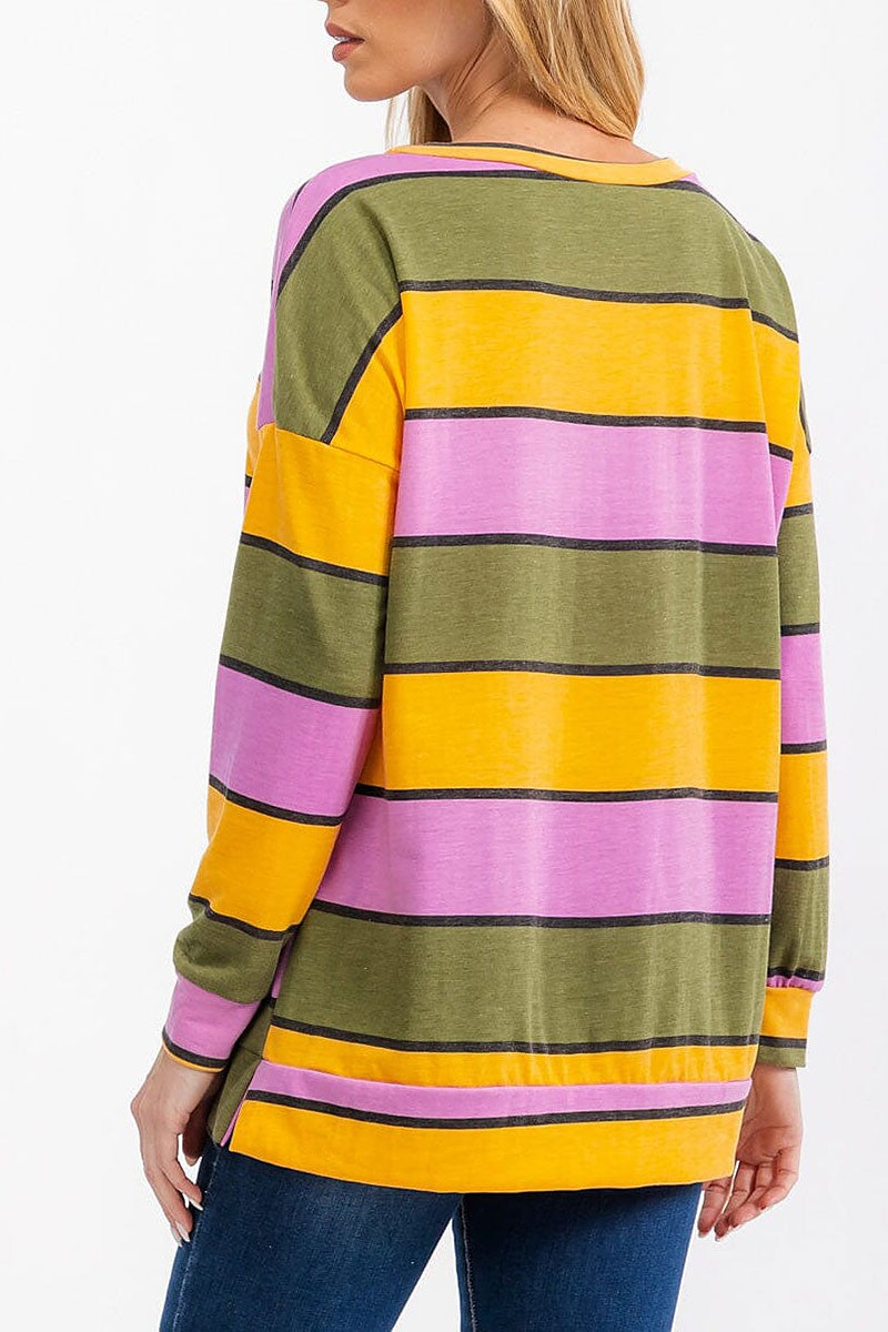 Long sleeve multi color stripes tops (RVWT6991)