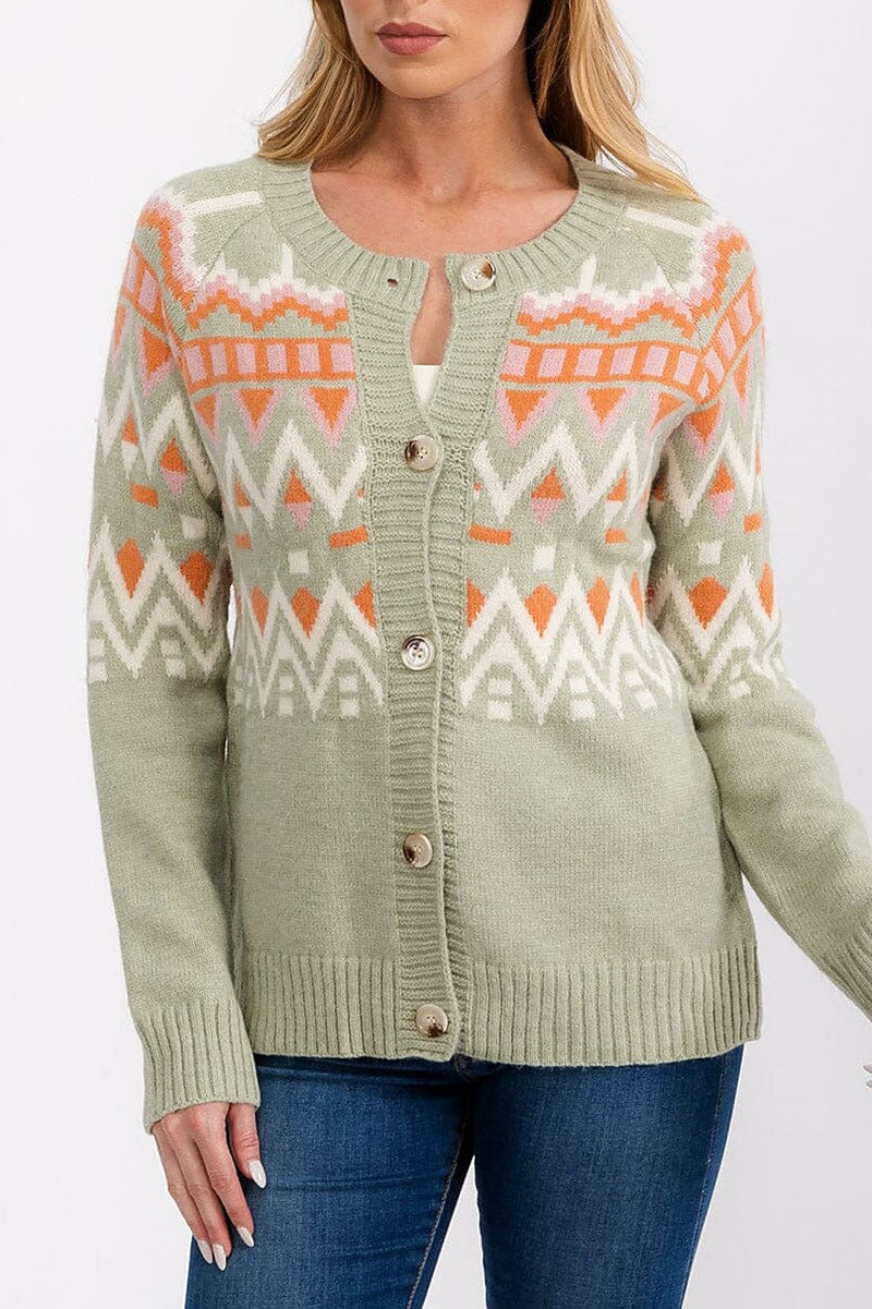 Button closure multi print cardigan sweater (RVWT6995)