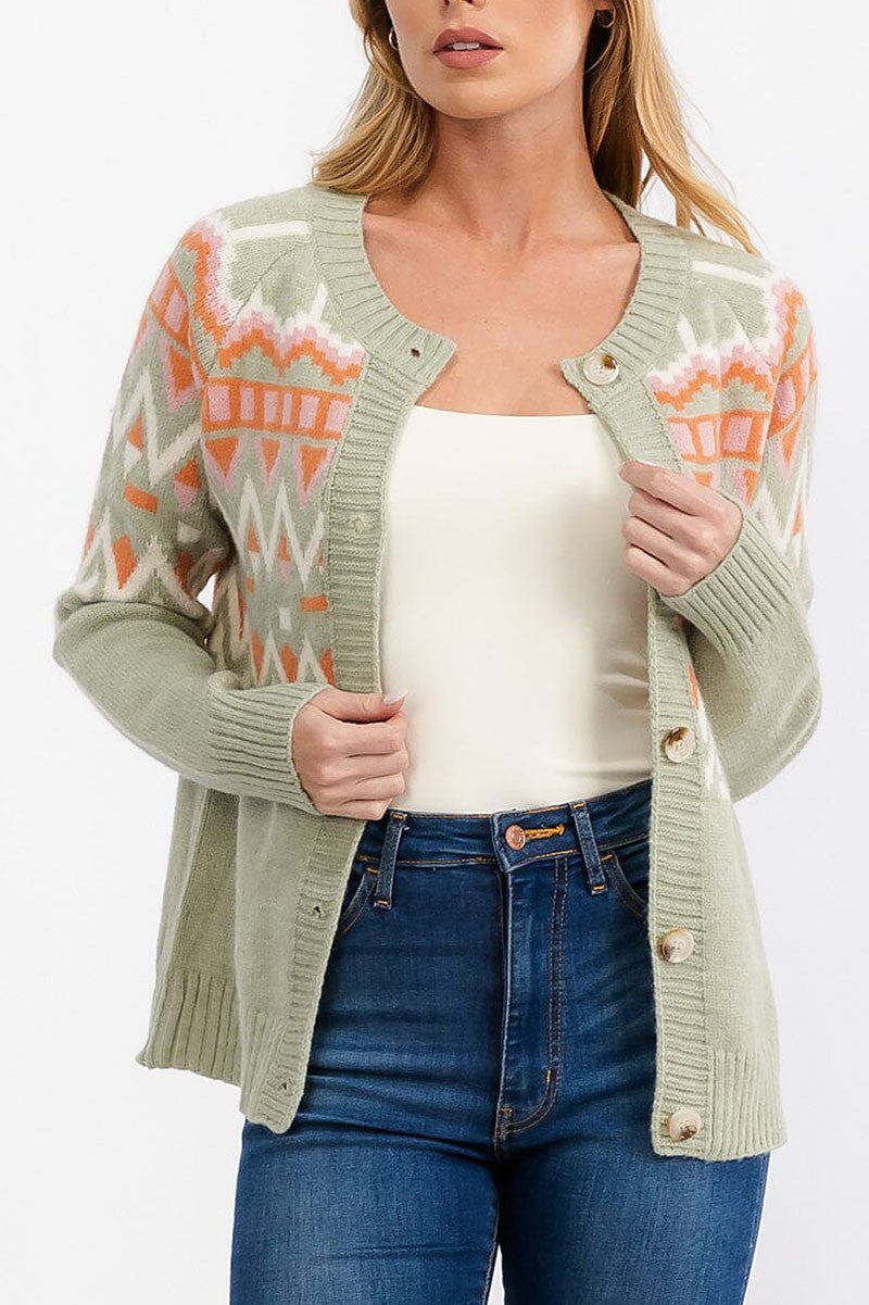 Button closure multi print cardigan sweater (RVWT6995)