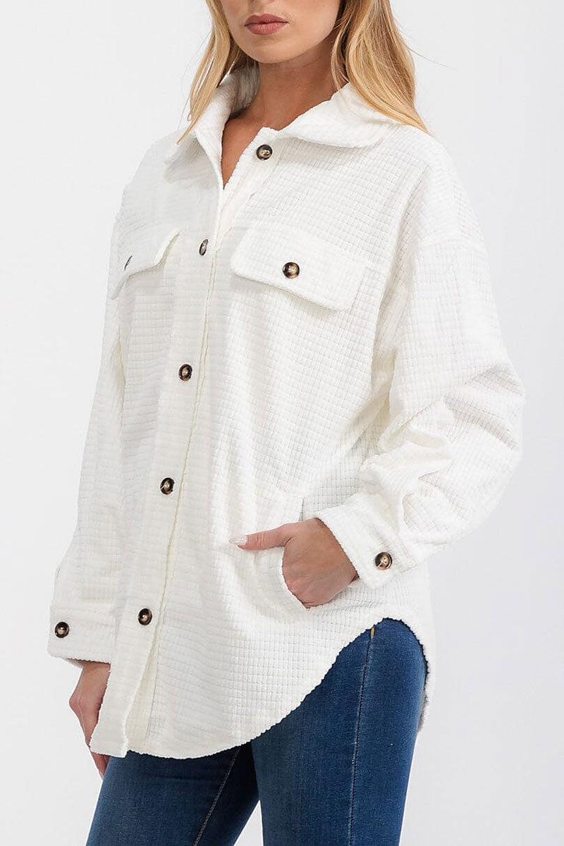 Front pockets button up oversized waffle shacket (RVWT6997)