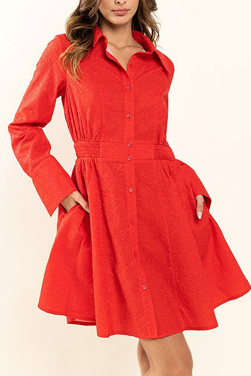 Long sleeve button up pockets detailed mini dress (RVWT6998)