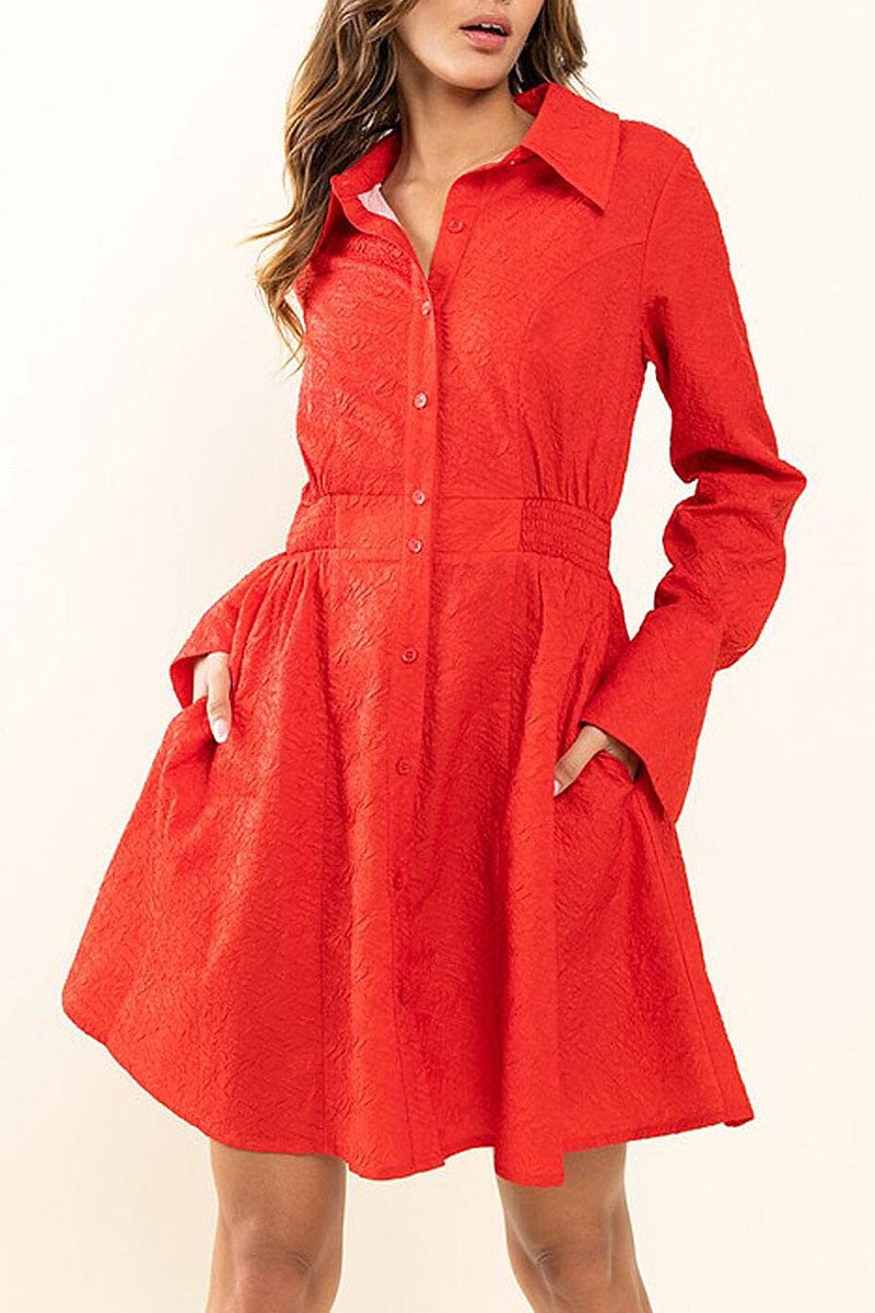 Long sleeve button up pockets detailed mini dress (RVWT6998)