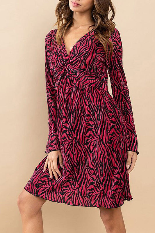 Long sleeve v-neck surplice printed mini dress (RVWT6999)