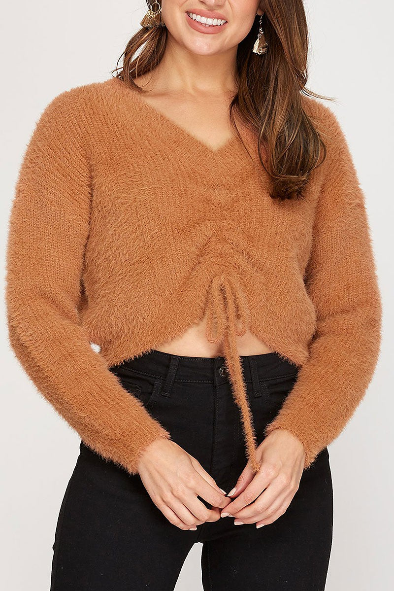 V-neck front drawstring detail fuzzy knit top (RSSW4825)