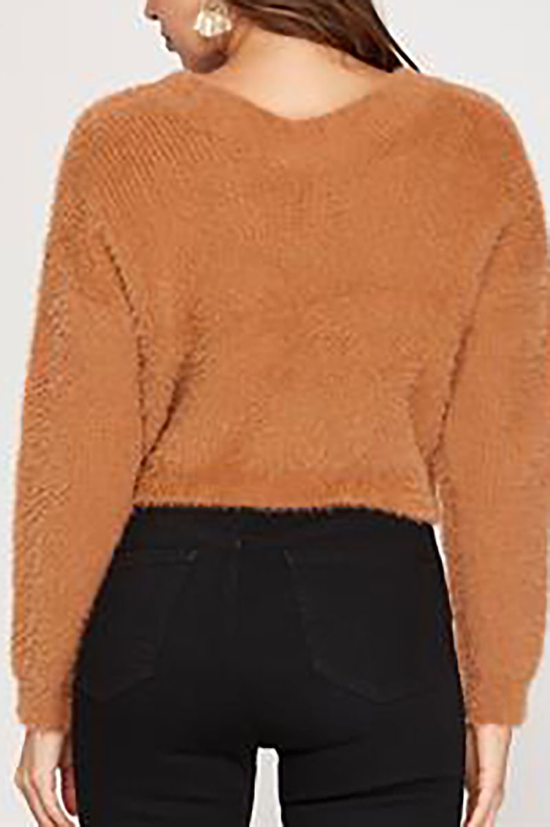 V-neck front drawstring detail fuzzy knit top (RSSW4825)