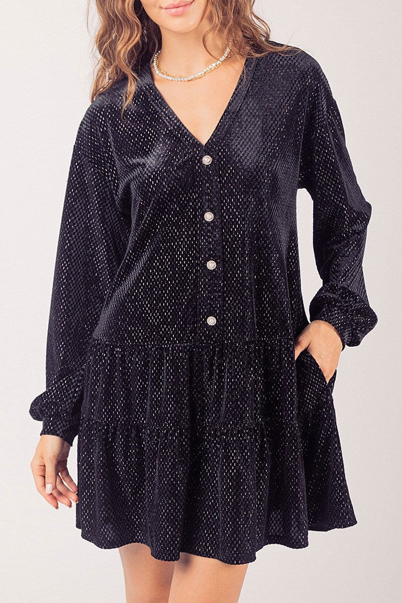 Tiered textured velvet long sleeves mini dress (RSSW4829)