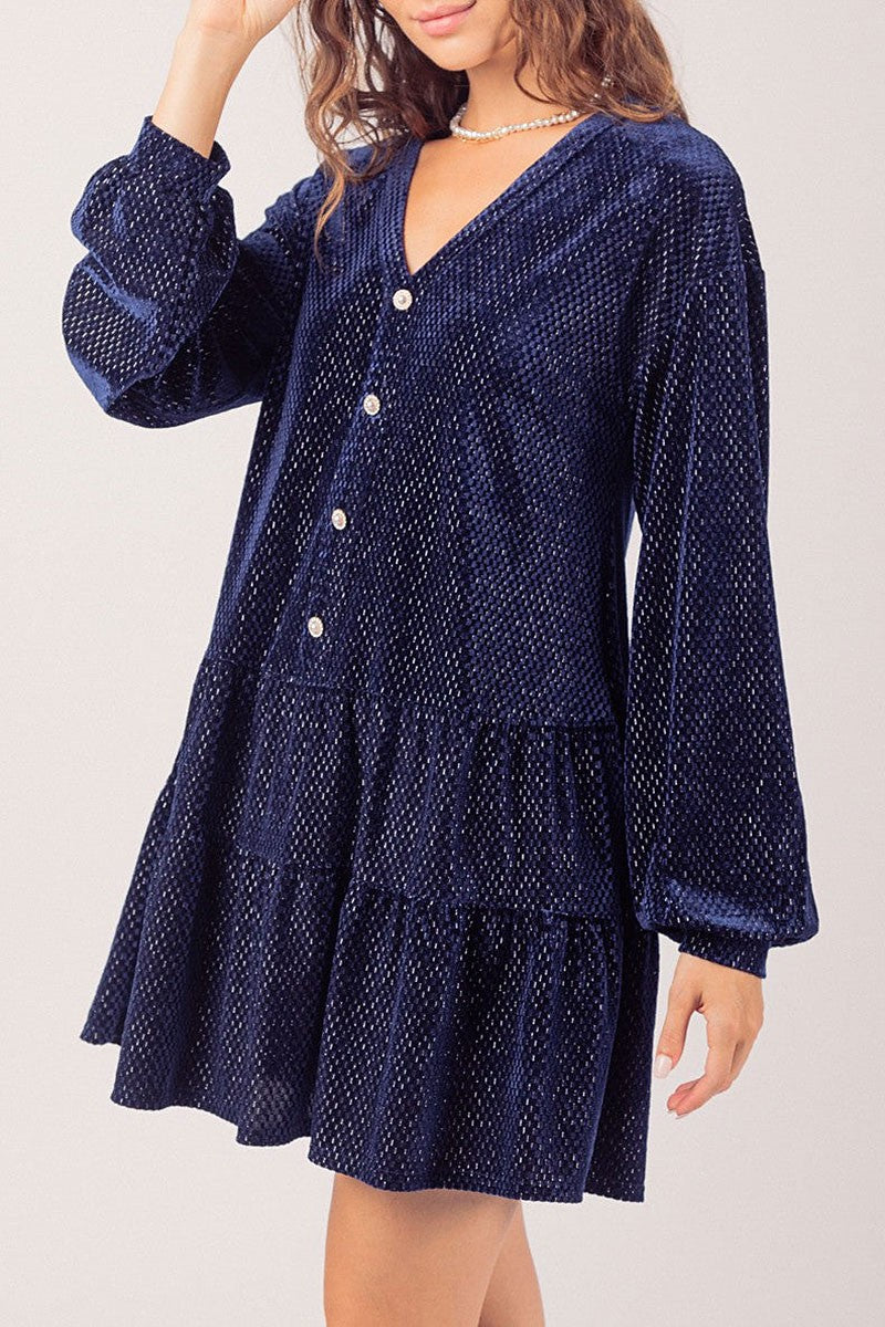 Tiered textured velvet long sleeves mini dress (RSSW4829)