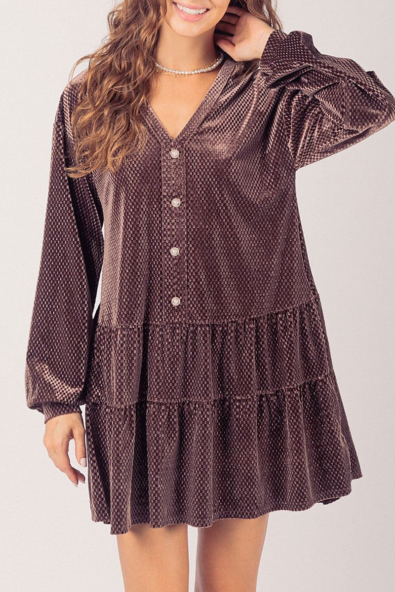 Tiered textured velvet long sleeves mini dress (RSSW4829)