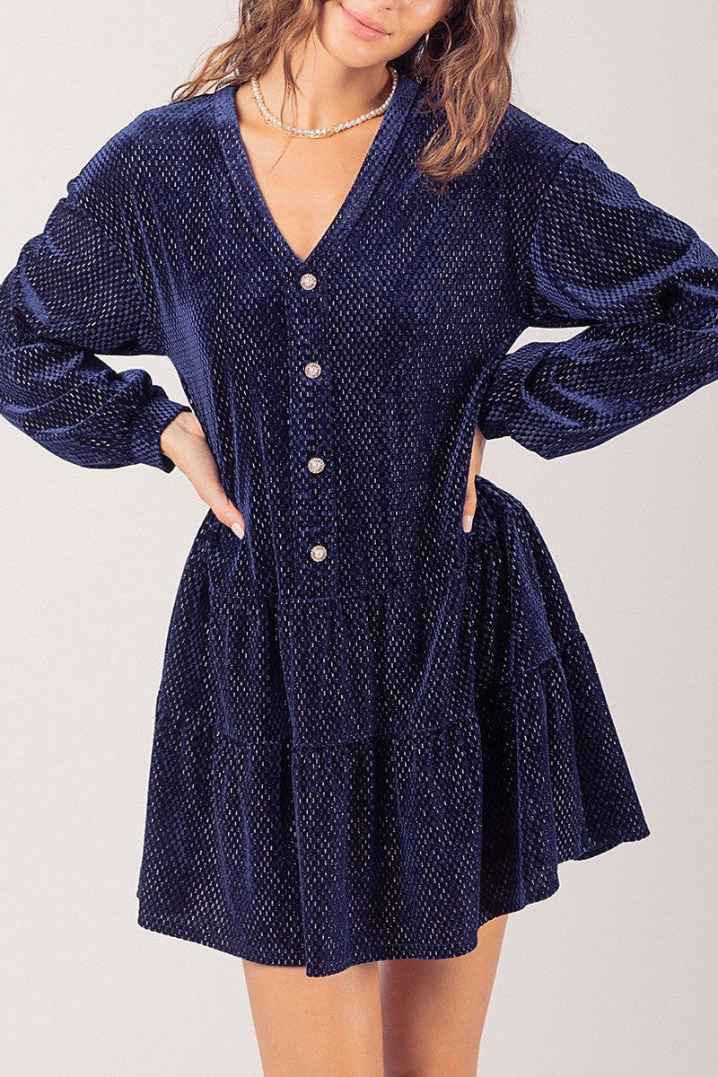 Tiered textured velvet long sleeves mini dress (RSSW4829)