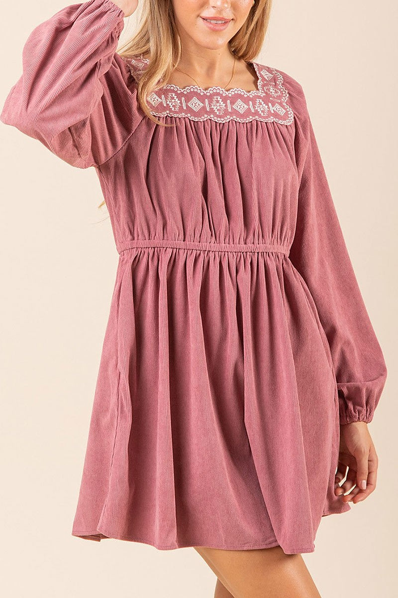 Embroidery square neck corduroy mini dress (RSSW4831)