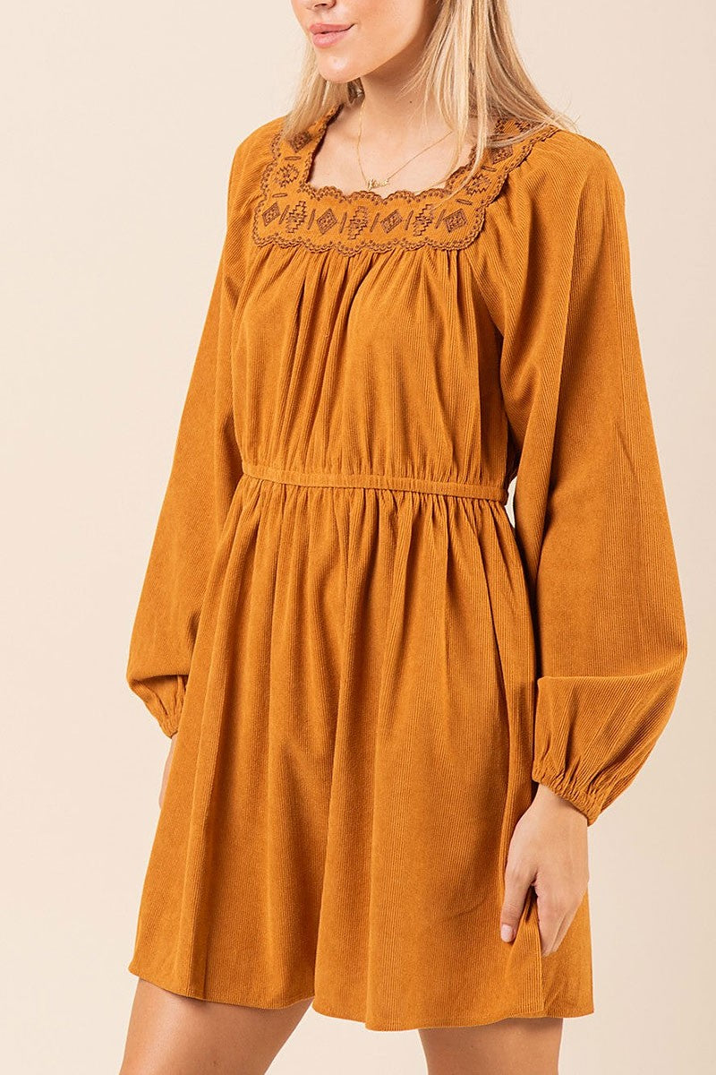 Embroidery square neck corduroy mini dress (RSSW4831)