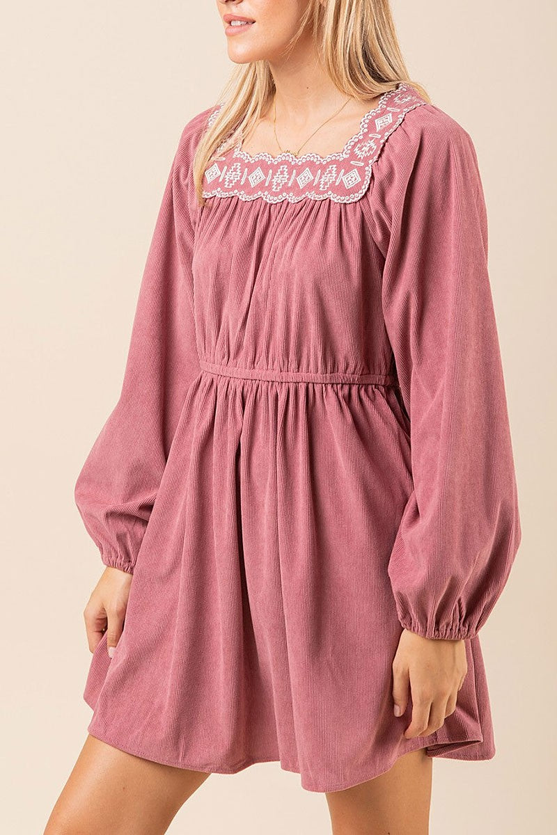 Embroidery square neck corduroy mini dress (RSSW4831)