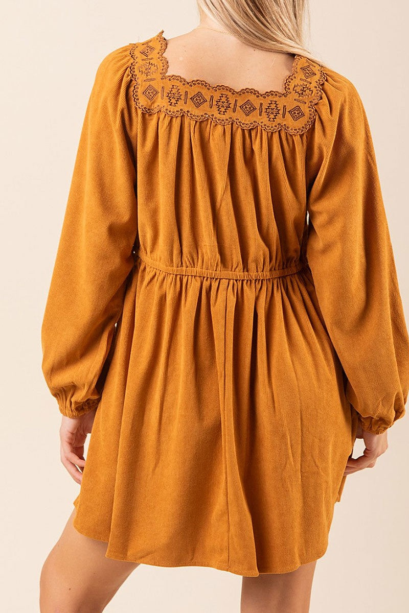 Embroidery square neck corduroy mini dress (RSSW4831)