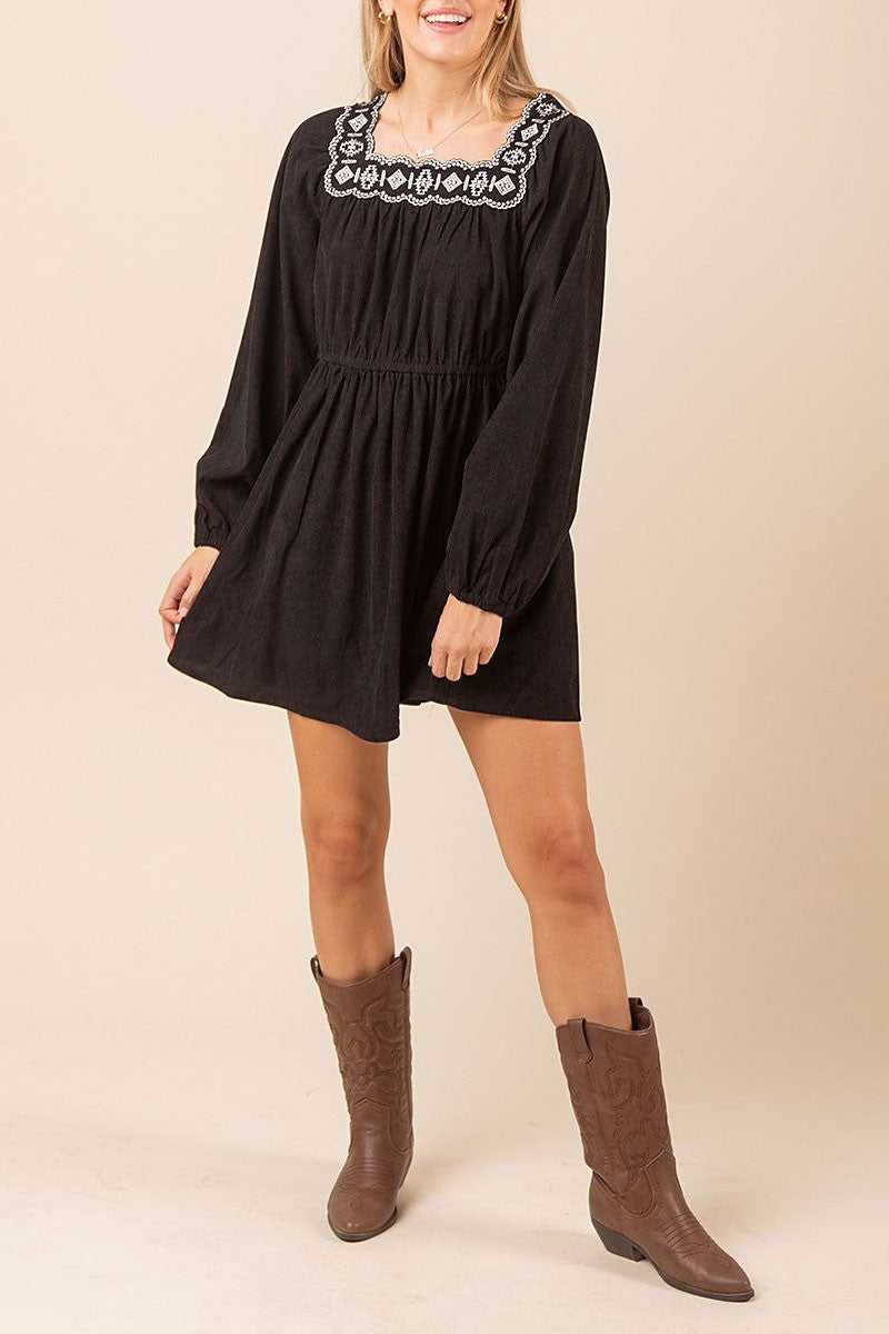 Embroidery square neck corduroy mini dress (RSSW4831)