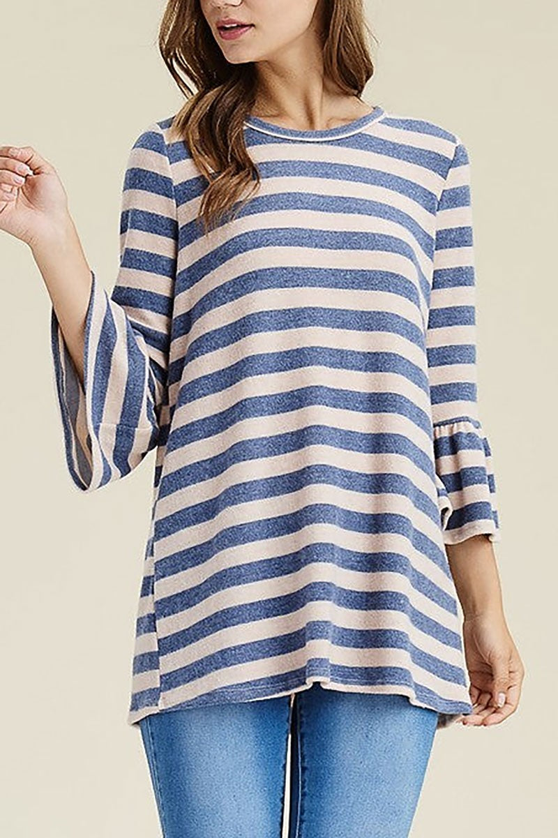 Striped round neck bell 3/4 sleeves loose fit top (RSSW4838)