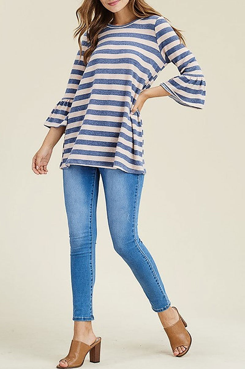 Striped round neck bell 3/4 sleeves loose fit top (RSSW4838)