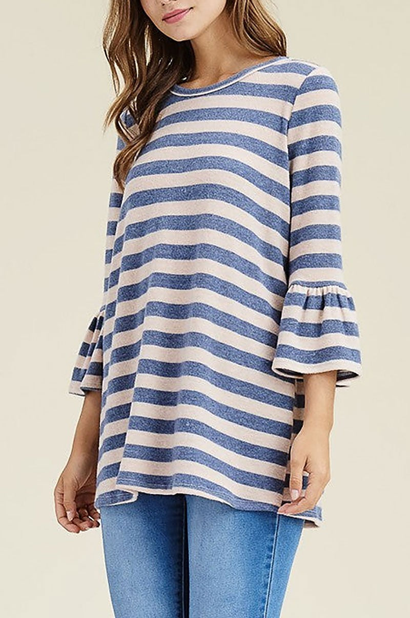 Striped round neck bell 3/4 sleeves loose fit top (RSSW4838)