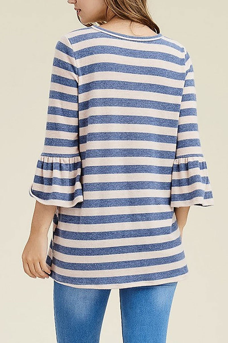 Striped round neck bell 3/4 sleeves loose fit top (RSSW4838)