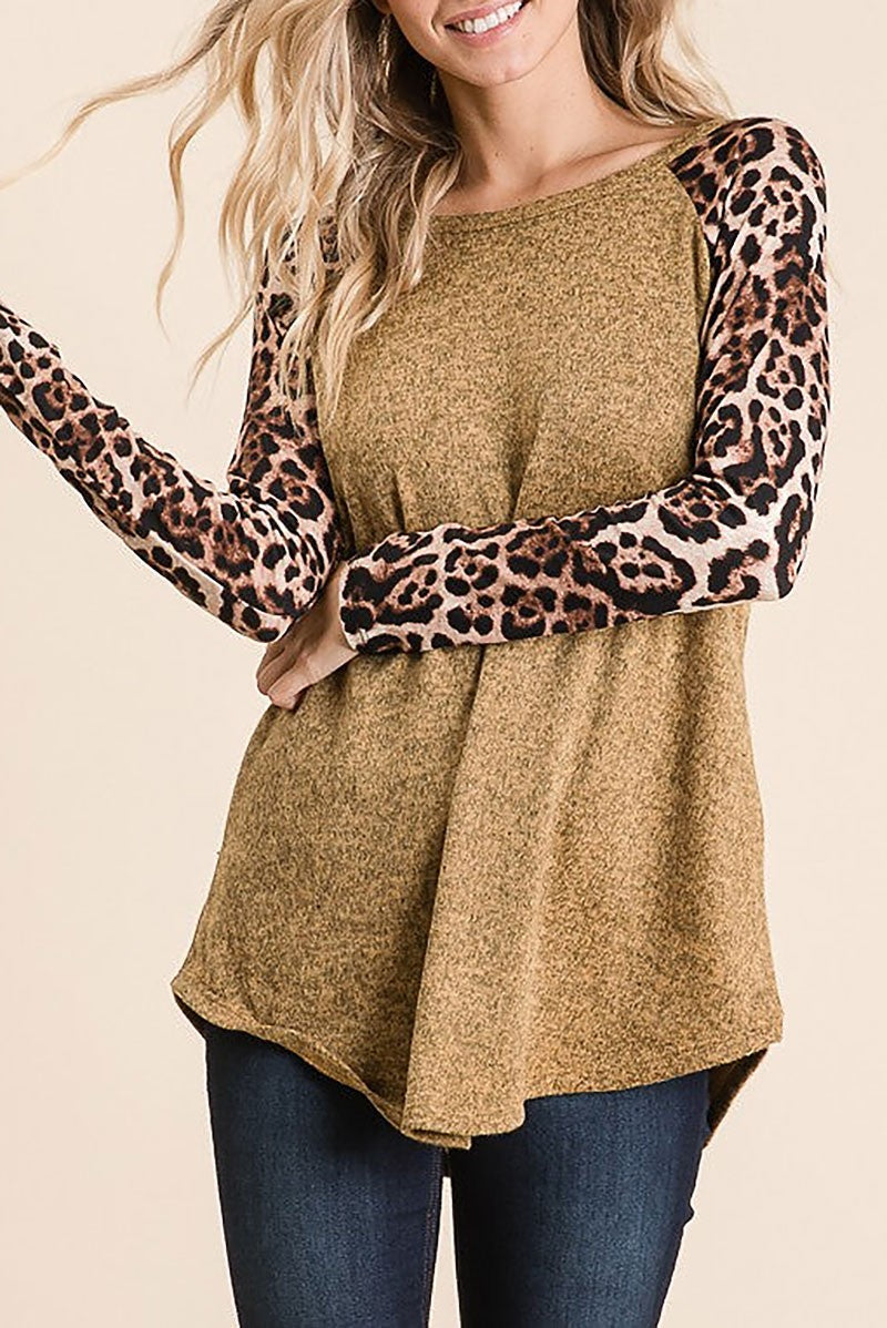 Animal print contrast long sleeves tunic top (RSSW4839)