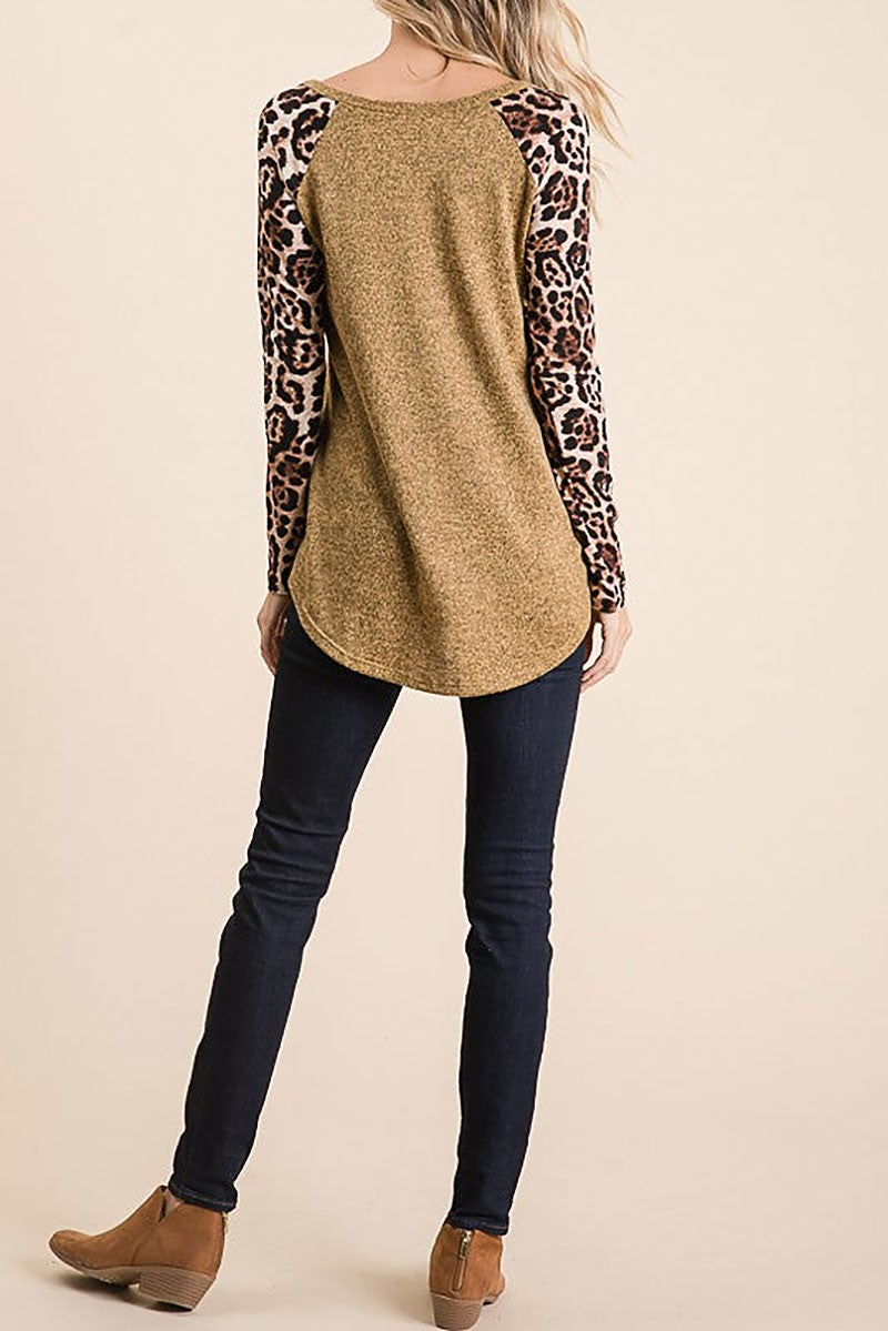 Animal print contrast long sleeves tunic top (RSSW4839)