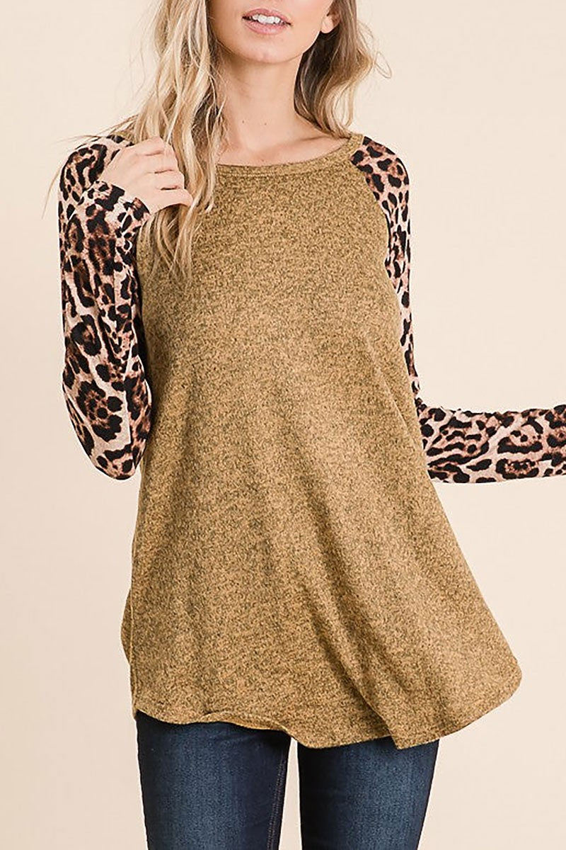 Animal print contrast long sleeves tunic top (RSSW4839)