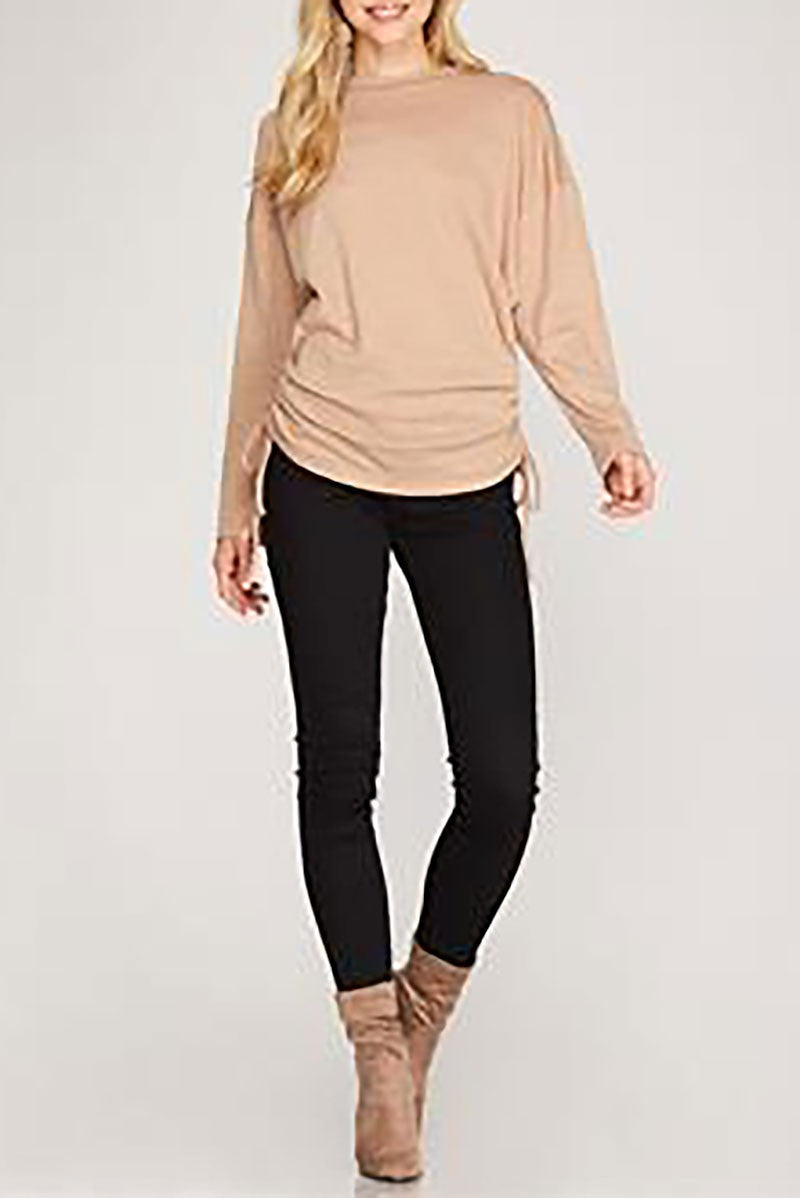 Textured knit long sleeves ruched sides top (RSSW4840)