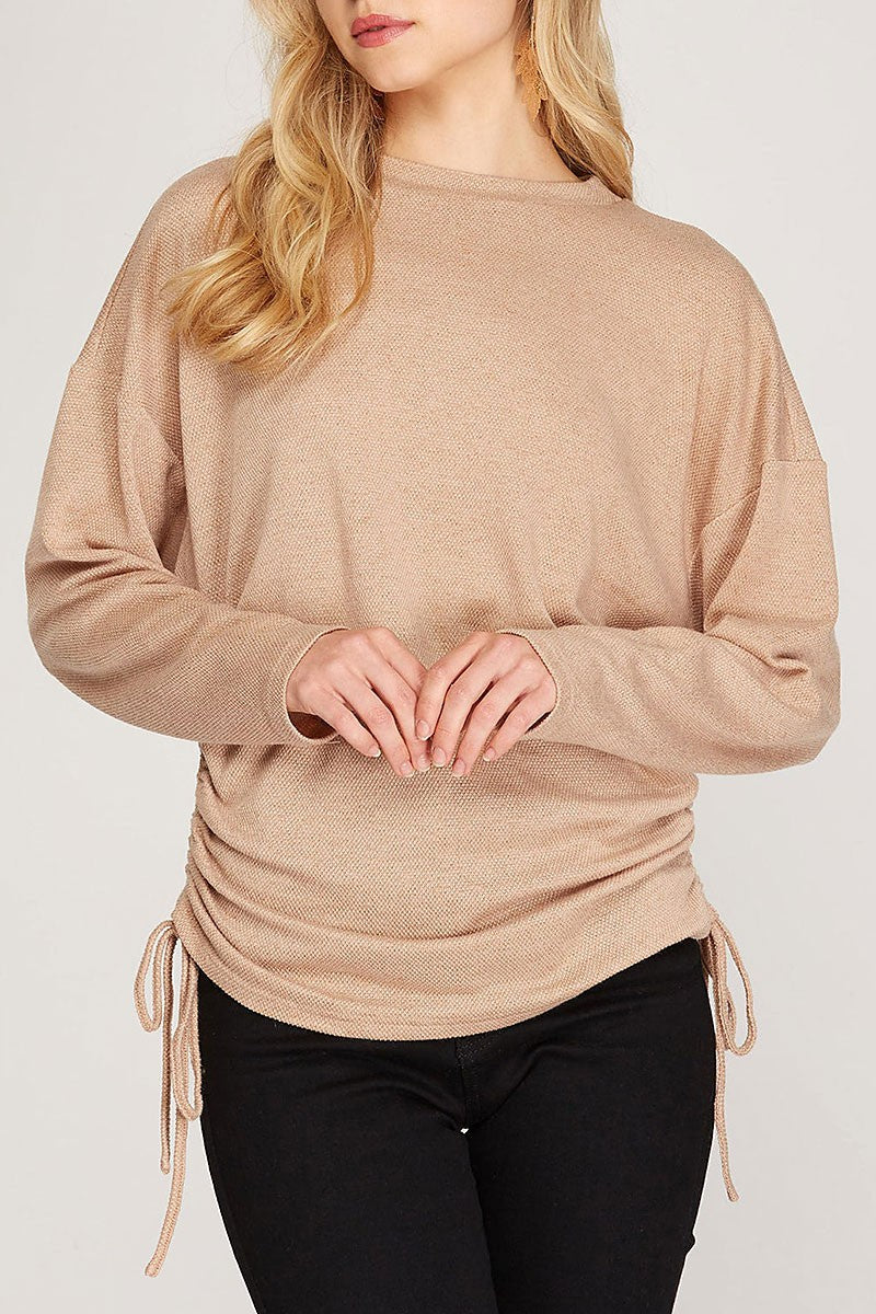 Textured knit long sleeves ruched sides top (RSSW4840)