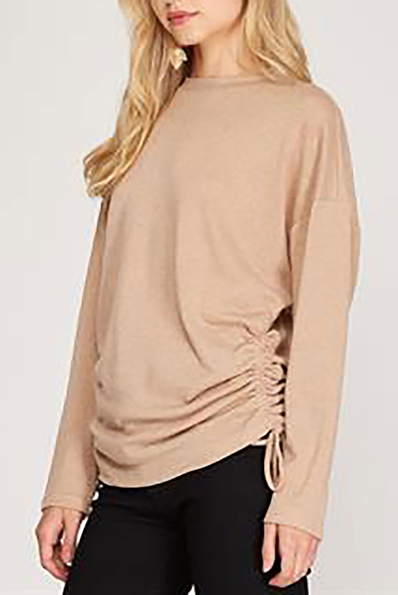 Textured knit long sleeves ruched sides top (RSSW4840)