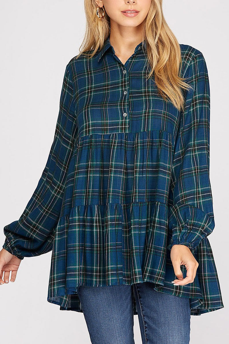 Plaid collared button detailed tunic top (RSSW4841)