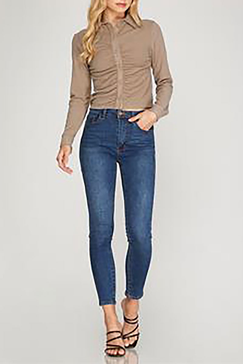 Cuff sleeves brushed stretch shirring knit top (RSSW4842)