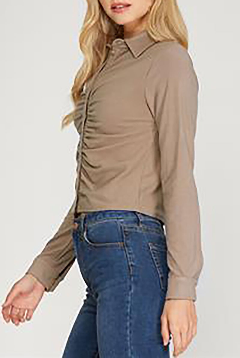 Cuff sleeves brushed stretch shirring knit top (RSSW4842)