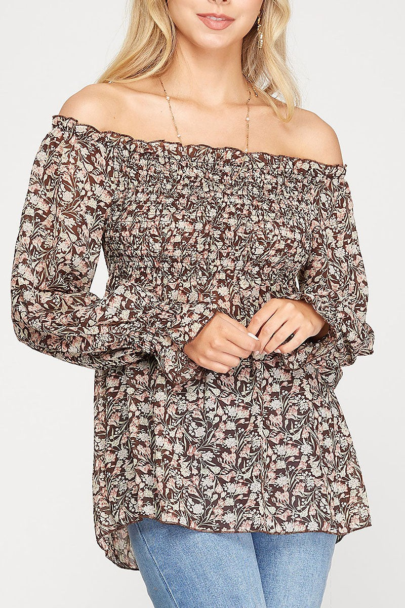 Floral print off-shoulder smocked woven top (RSSW4844)