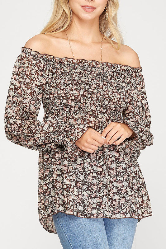 Floral print off-shoulder smocked woven top (RSSW4844)