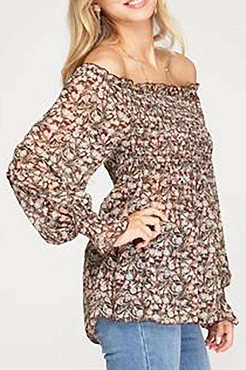 Floral print off-shoulder smocked woven top (RSSW4844)