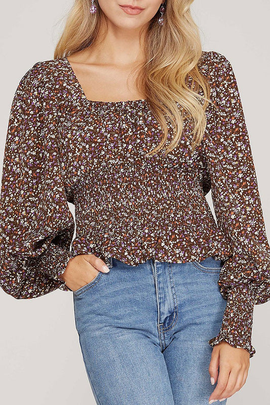 Printed square neck puff sleeves smocked woven top (RSSW4845)