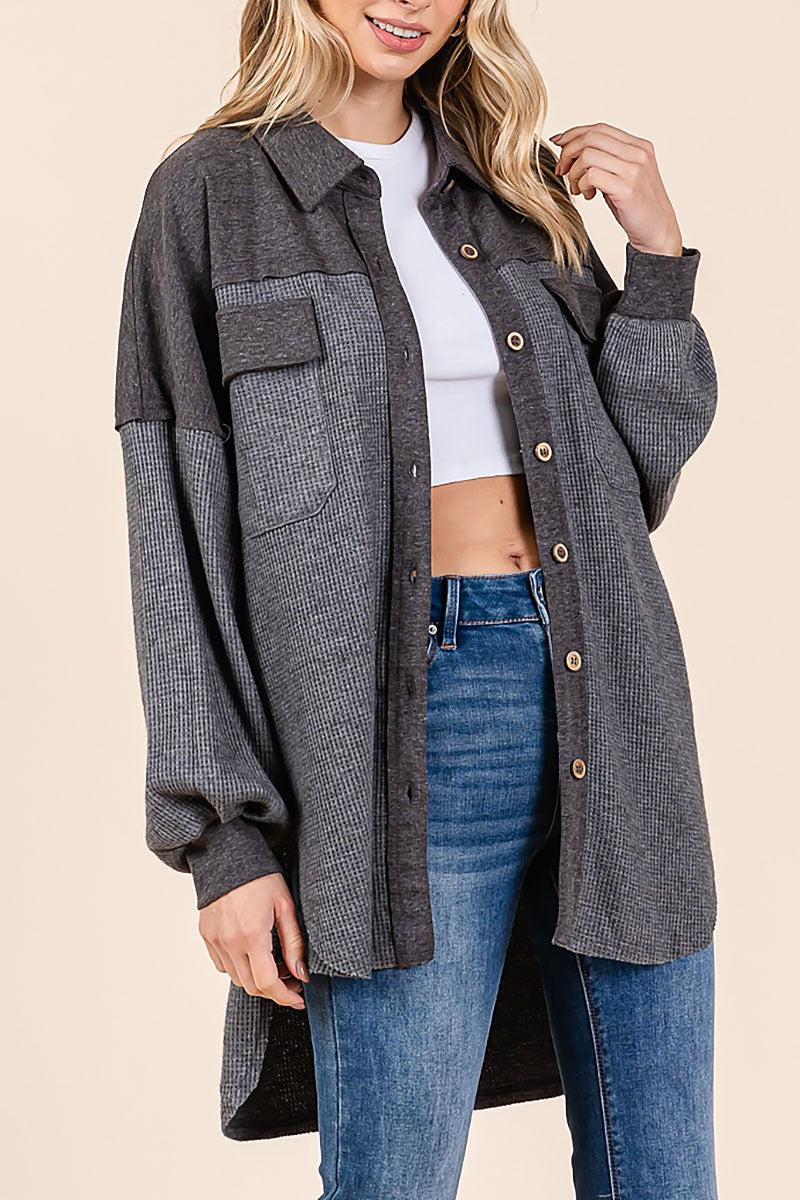 Waffle knit contrast shirt jacket (RSH2460)