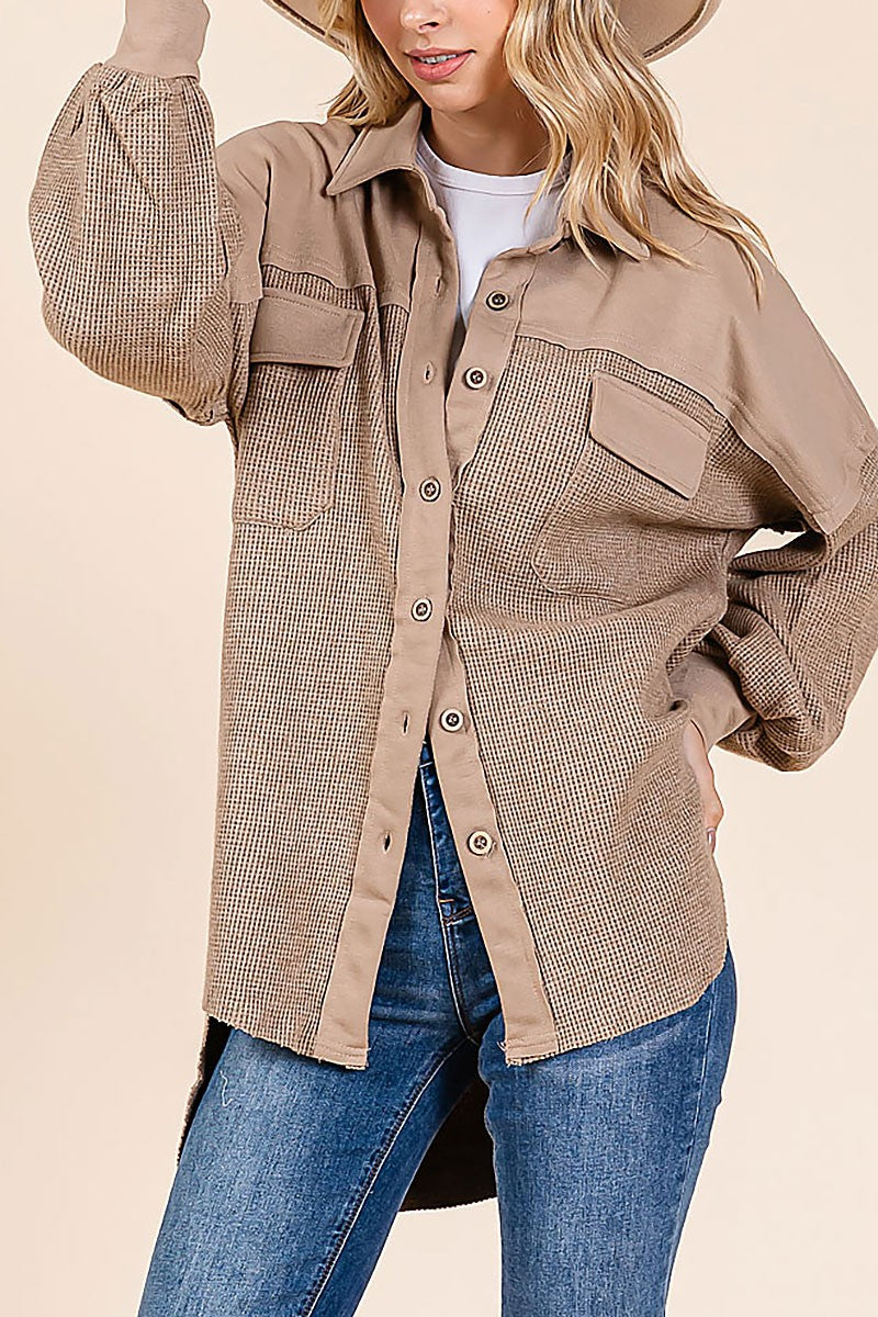 Waffle knit contrast shirt jacket (RSH2460)