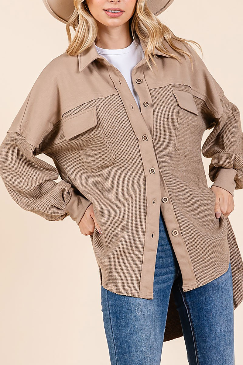 Waffle knit contrast shirt jacket (RSH2460)