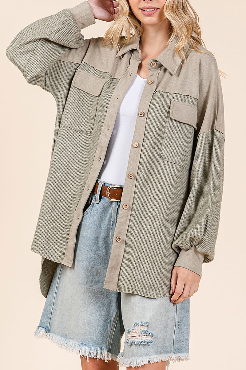 Waffle knit contrast shirt jacket (RSH2460)