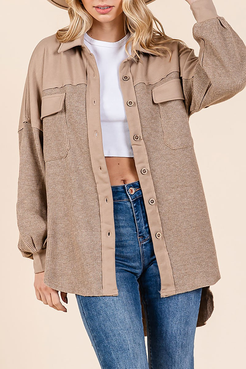 Waffle knit contrast shirt jacket (RSH2460)