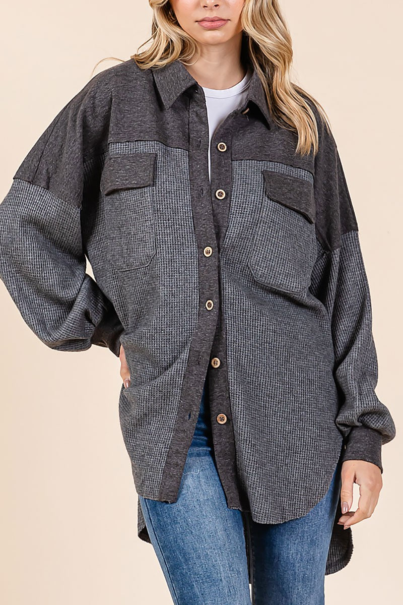 Waffle knit contrast shirt jacket (RSH2460)