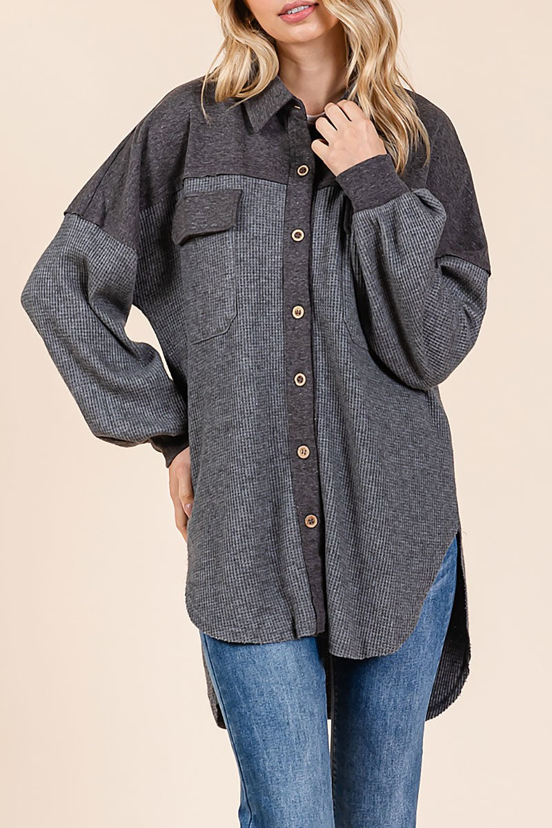 Waffle knit contrast shirt jacket (RSH2460)