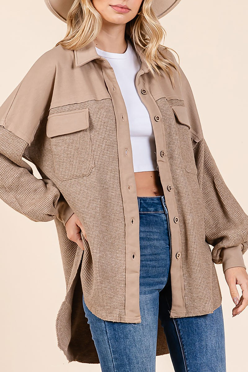 Waffle knit contrast shirt jacket (RSH2460)