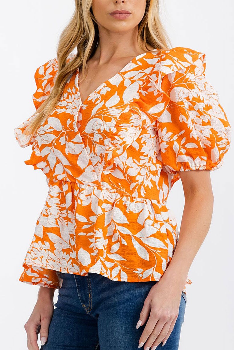 Short sleeve surplice floral peplum blouse top (RVWT7181)