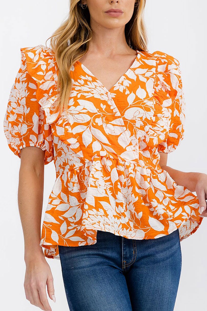 Short sleeve surplice floral peplum blouse top (RVWT7181)