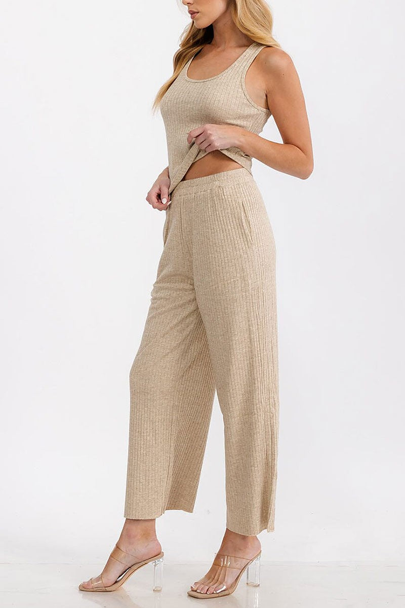 Elastic waist front pockets wide leg ribbed pants (RVWT7183-PANTS)