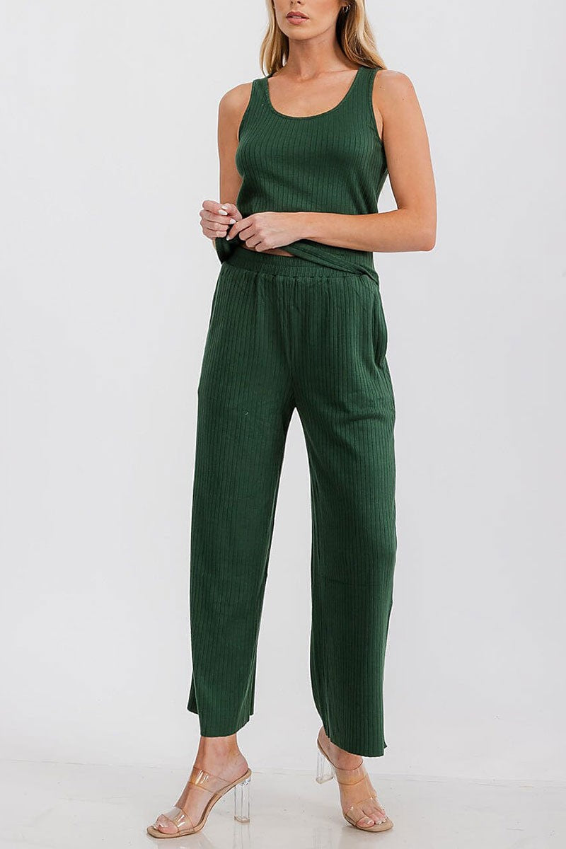 Elastic waist front pockets wide leg ribbed pants (RVWT7183-PANTS)