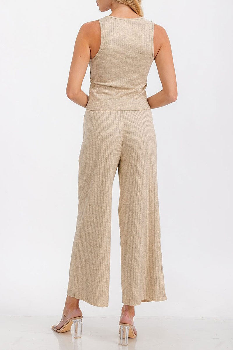 Elastic waist front pockets wide leg ribbed pants (RVWT7183-PANTS)