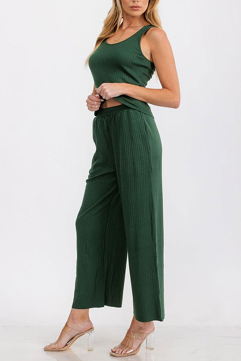 Elastic waist front pockets wide leg ribbed pants (RVWT7183-PANTS)