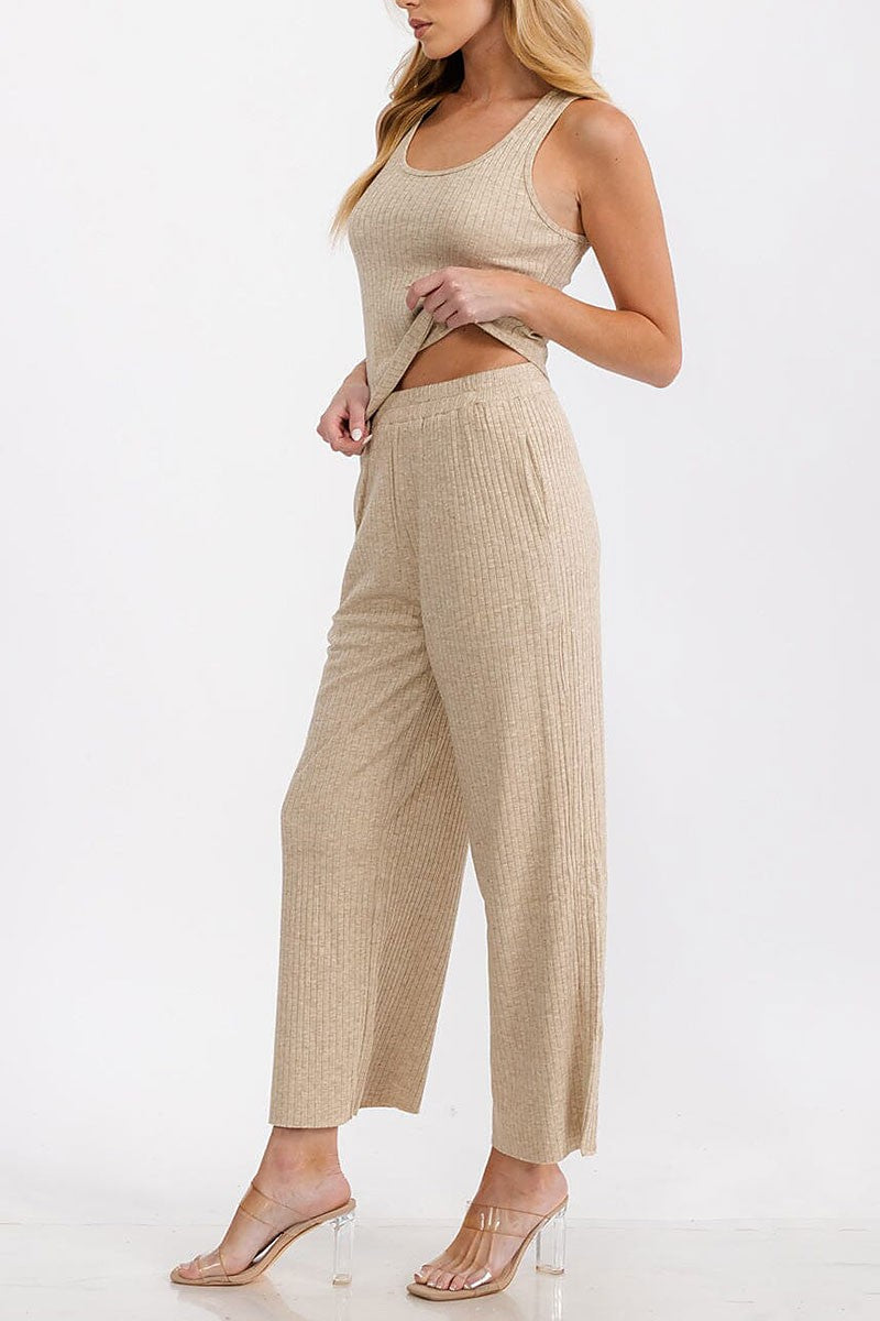 Sleeveless tank top elastic waist pants ribbed set (RVWT7186)